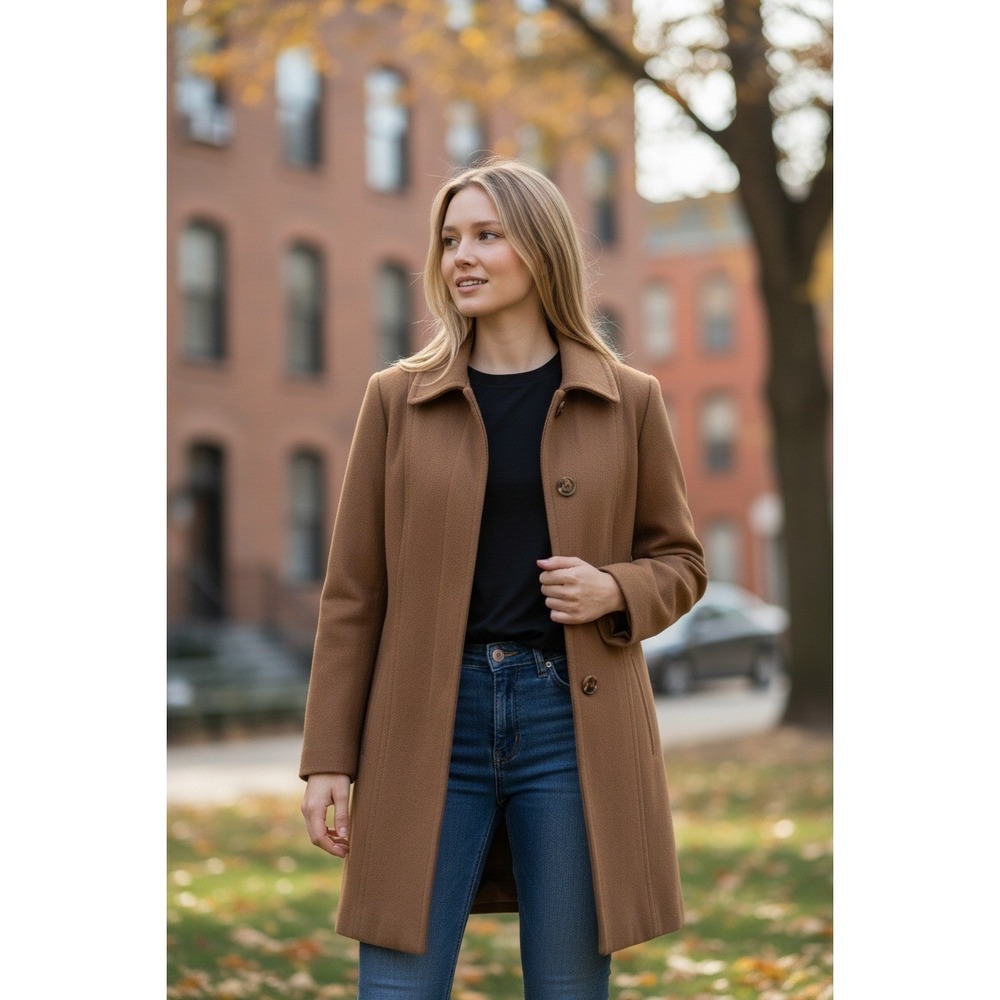 St Johns Bay Women's Wool Blend Button Front Coat Camel Tan Size L